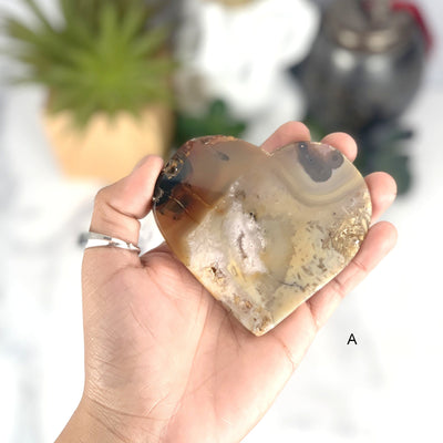 Hand holding the front side of the Natural Agate Heart Slice(A)