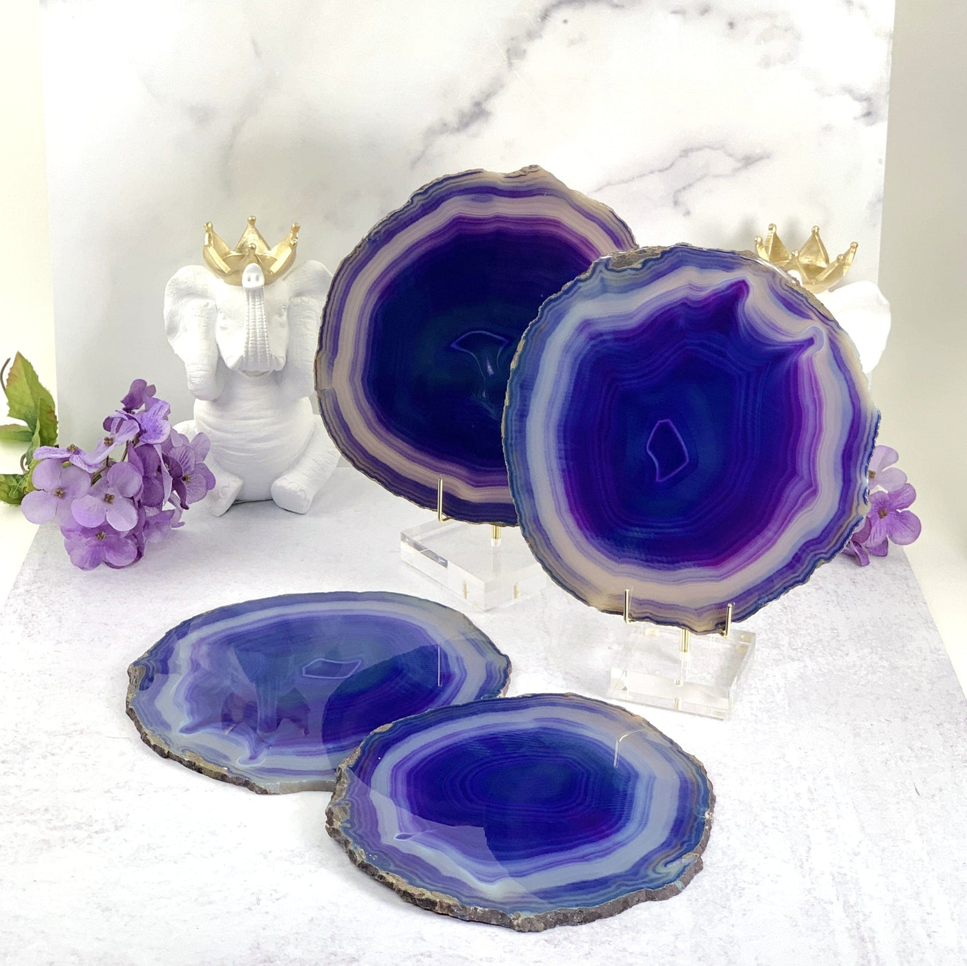 2 large Purple Agate Slice on acrylic stand 2 agate slices laid out on white background