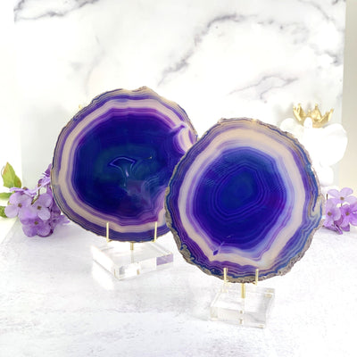 2 large Purple Agate Slice on acrylic stand