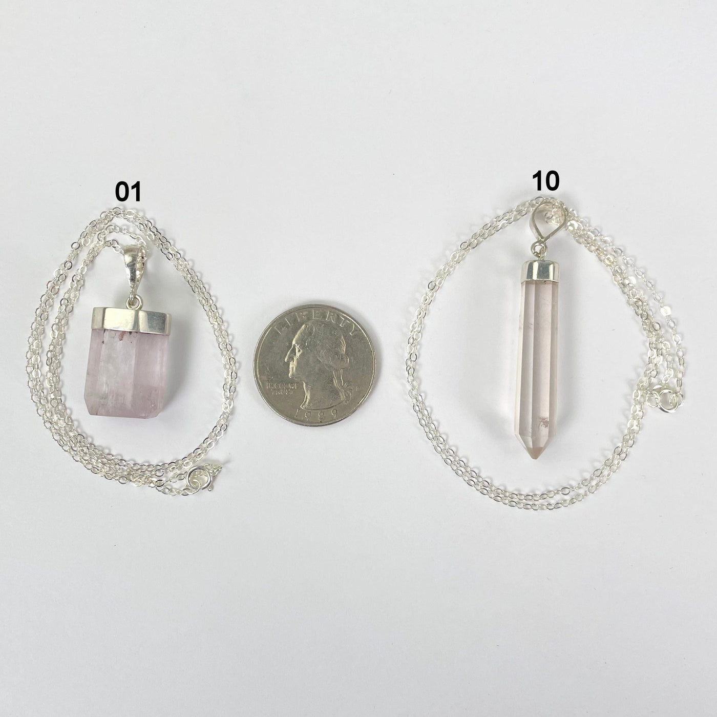 pink kunzite necklace option 01 and 10 (smallest and biggest) with quarter for size reference