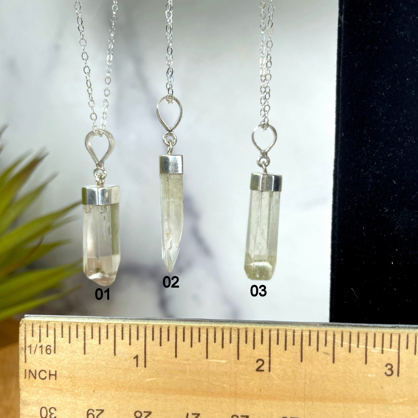 kunzite necklace options 01 02 03 with ruler for size reference