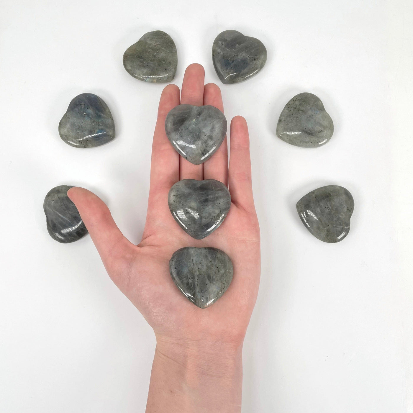 labradorite polished hearts in hand for size reference