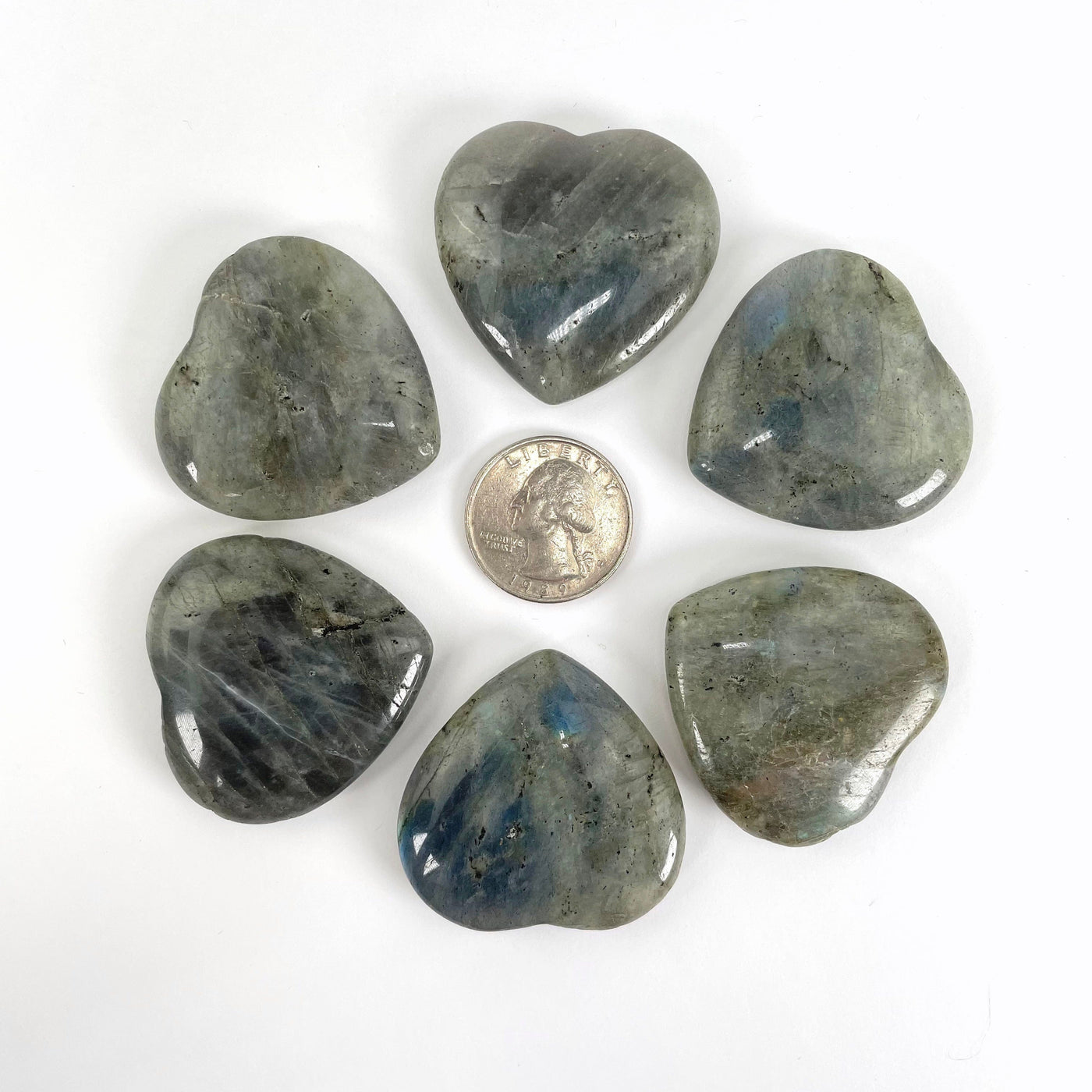 labradorite polished hearts with quarter for size reference
