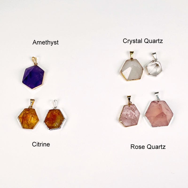hexagon point pendants next to their stone name. available in amethyst, crystal quartz, citrine and rose quartz. each electroplated in gold or silver with a bail.