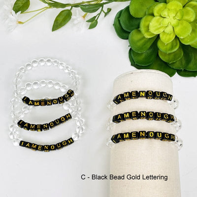 Crystal Quartz Beaded Bracelet with "IAMENOUGH" Letter Beads - Black or Gold