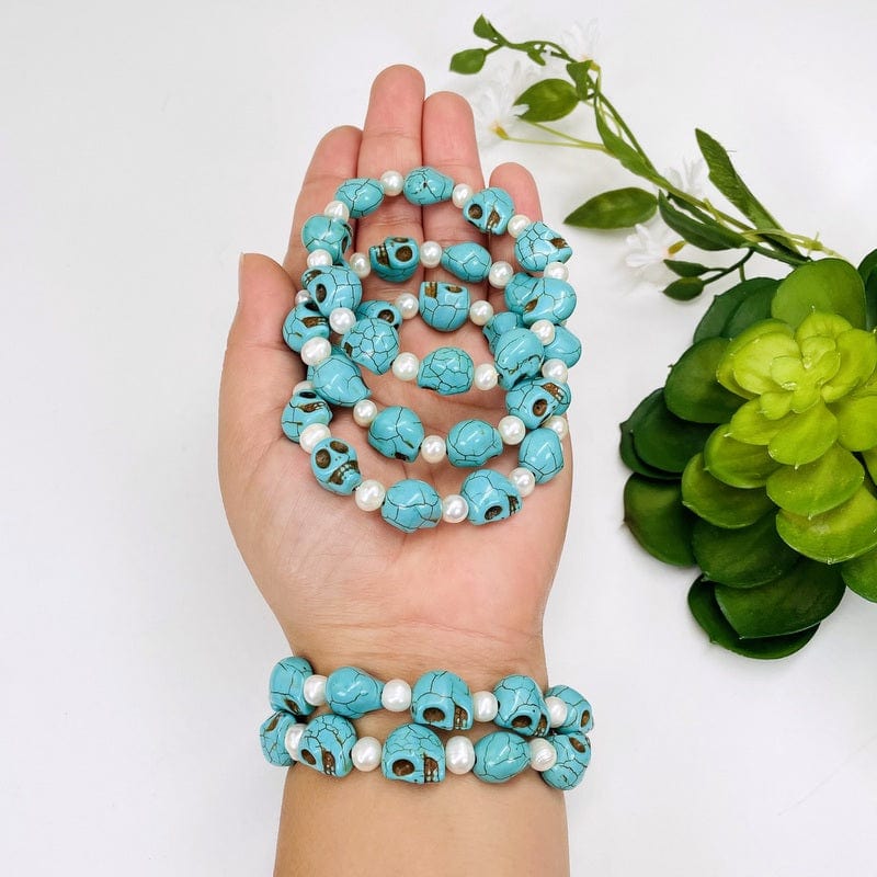 turquoise magnesite skull bead bracelets with pearl accents