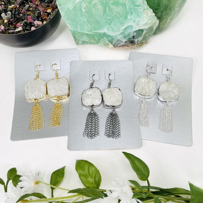 crystal quartz earrings with chain tassels available in electroplated gold, silver or gunmetal 