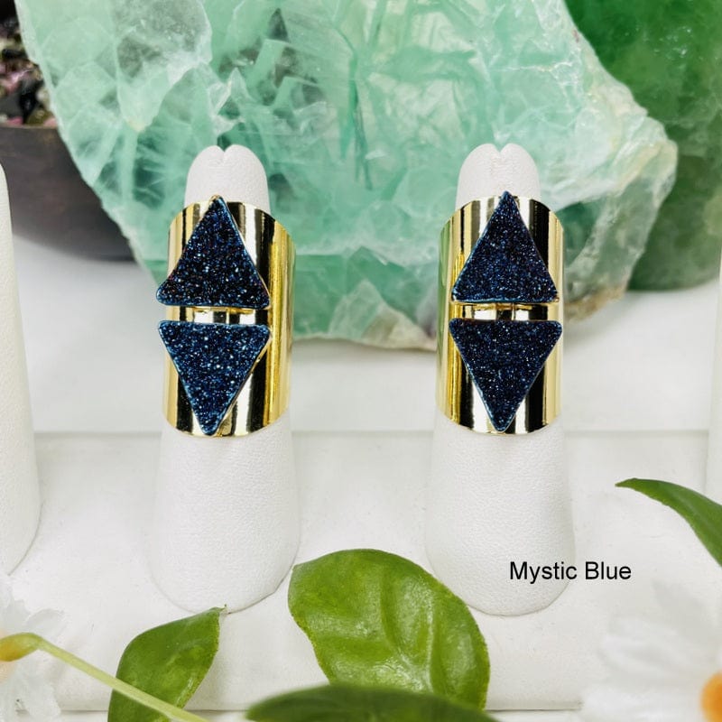 double triangle druzy cigar band rings available in mystic blue on electroplated gold