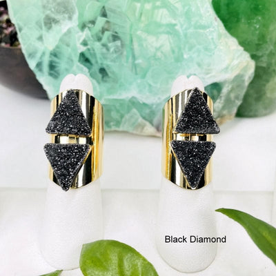 double triangle druzy cigar band rings available in black diamond on electroplated gold 