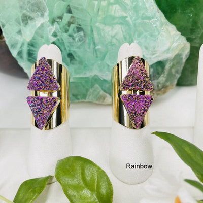 double triangle druzy cigar band rings available in rainbow on electroplated gold 