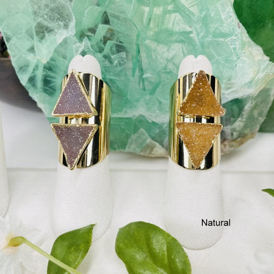double triangle druzy cigar band rings available in natural on electroplated gold or silver 