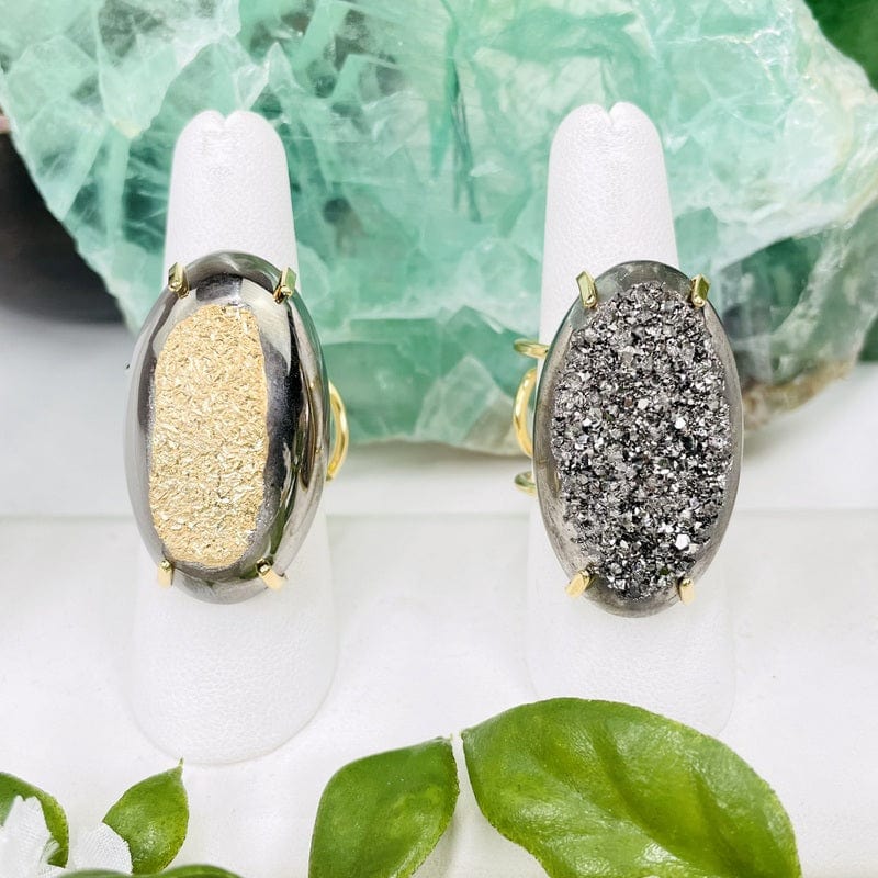 mystic oval druzy adjustable rings available in gold or platinum 
