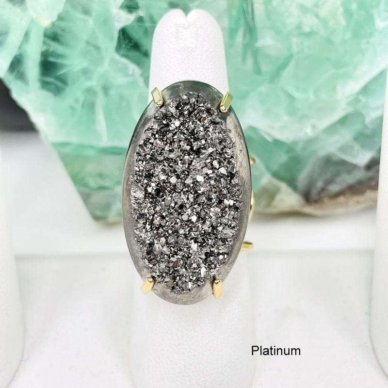 mystic oval druzy adjustable ring with a platinum finish 
