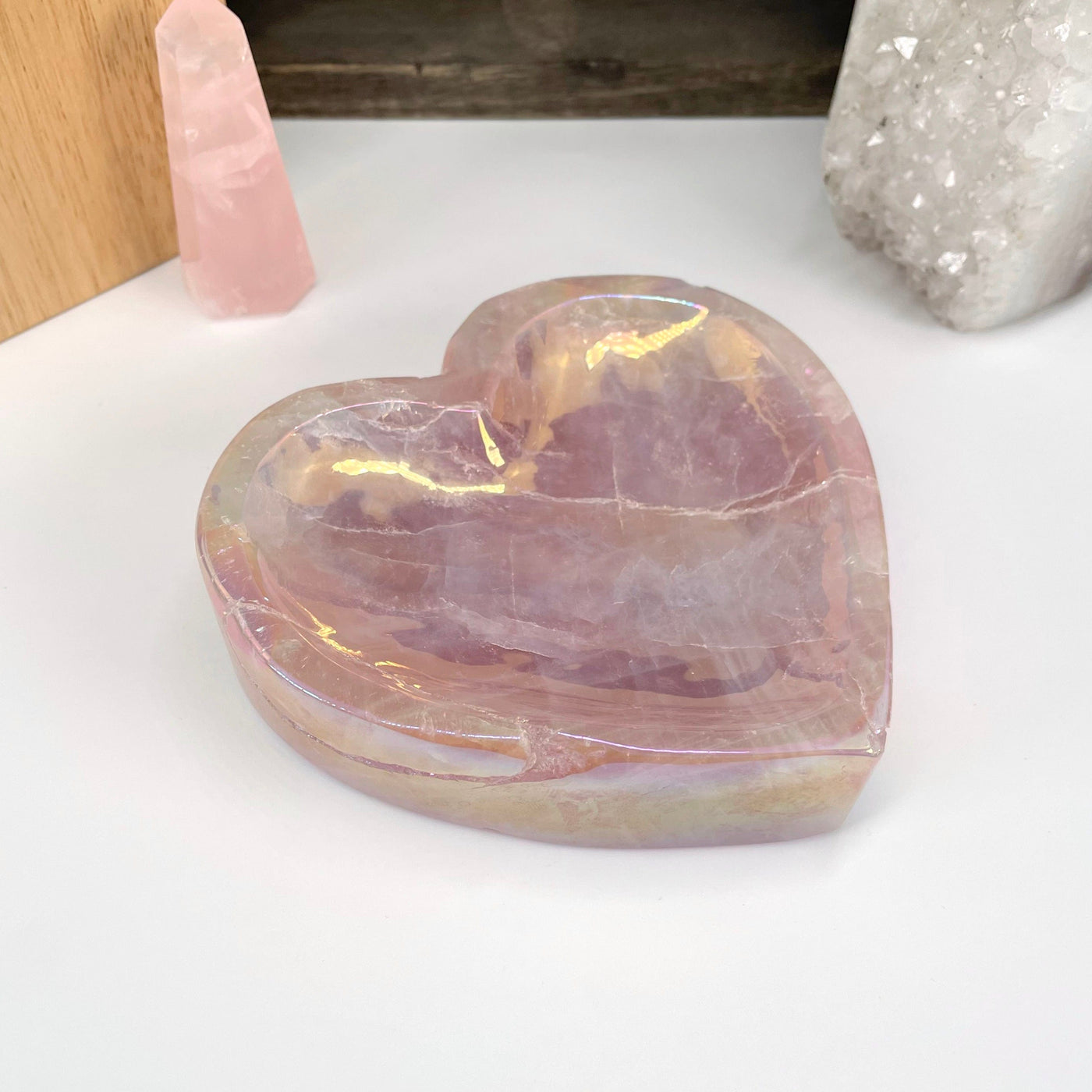 angel aura rose quartz heart bowl on display