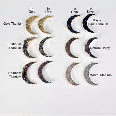 moon crescent pendants available in gold, silver and gunmetal. stone types available are gold titanium, platinum titanium, rainbow titanium, mystic blue titanium, natural drusy and white titanium 