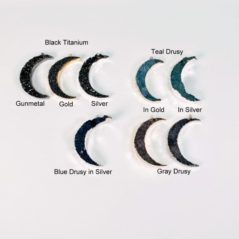  moon crescent pendants displayed next to their stone name. available in gold, silver and gunmetal. stone types are black titanium, blue drusy, teal drusy and gray drusy 