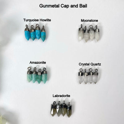 gunmetal turquoise howlite, moonstone, amazonite, crystal quartz, and labradorite tiny spike pendant options on display