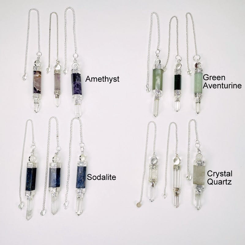 pendulum points displayed next to each other to show the different possible sizes and color shades. available in amethyst, green aventurine, sodalite and crystal quartz 