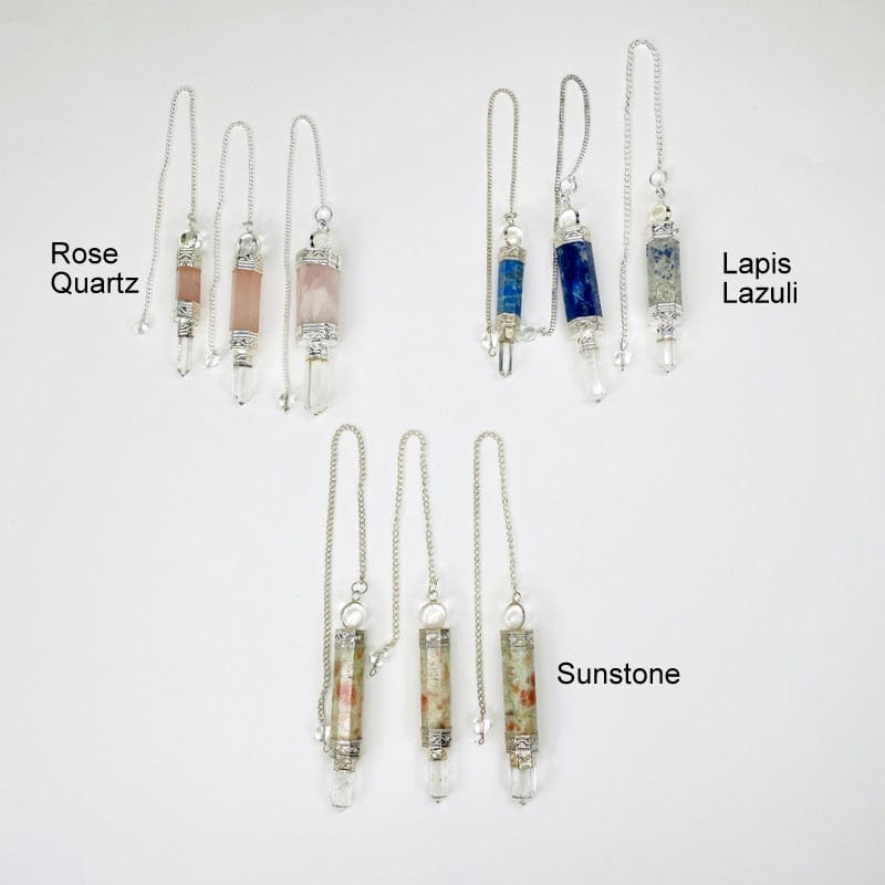 pendulum points displayed next to each other to show the different possible sizes and color shades. available in rose quartz lapis lazuli and sunstone