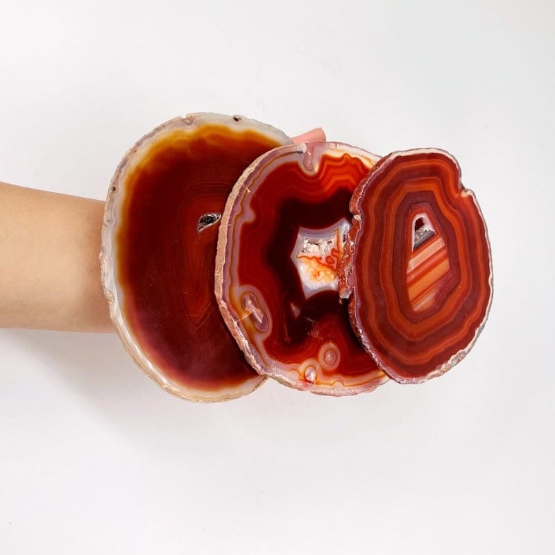 size6 red agate slices in hand for size reference 