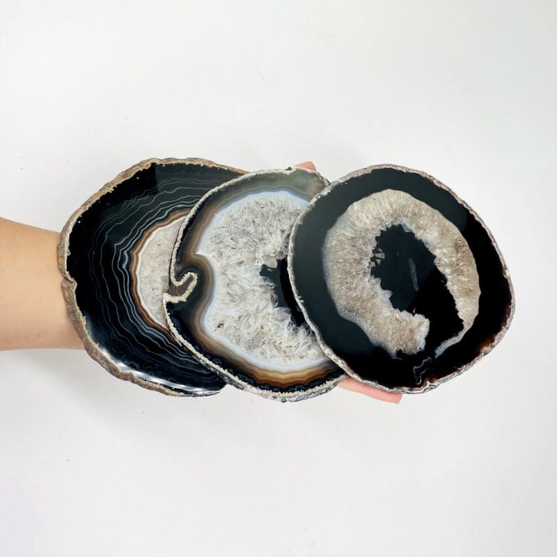 size 7 black agate slices in hand for size reference 