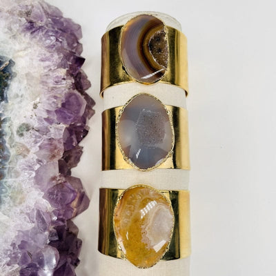 electroplated gold cuff bracelets with an agate drusy center accent
