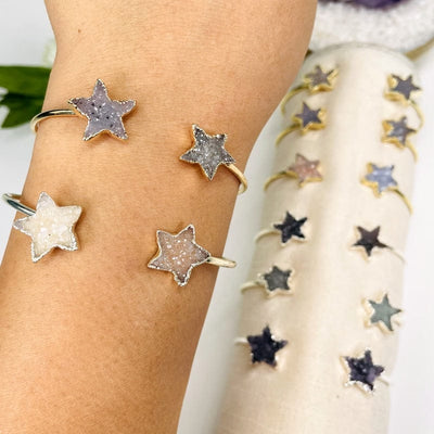double star adjustable cuff bracelet on wrist for size reference  