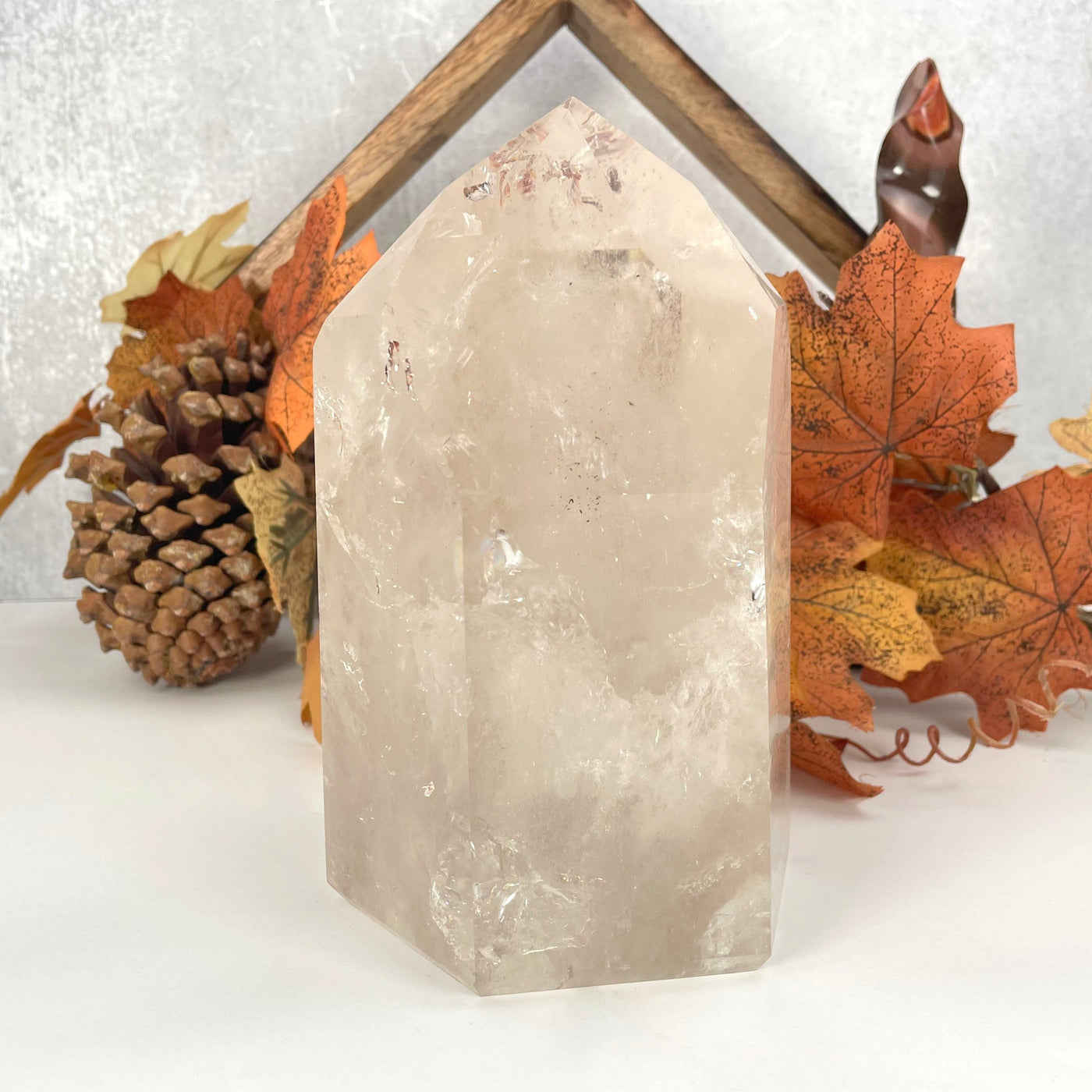 close up of crystal quartz polished point for details