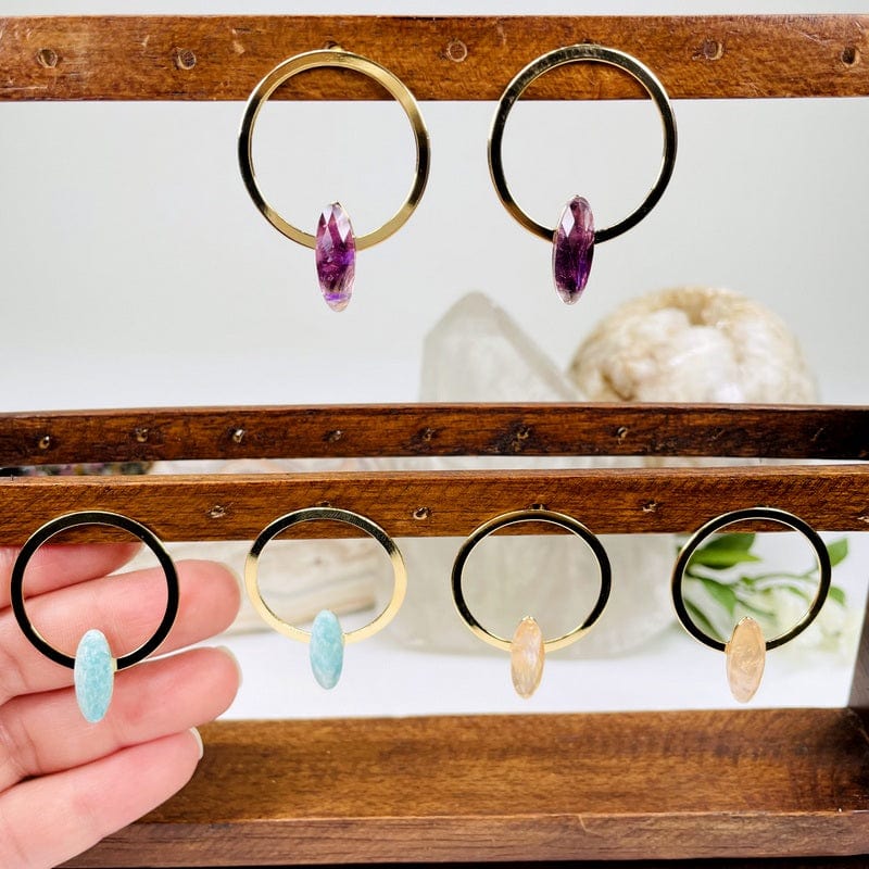 earrings displayed showing the different gemstone types