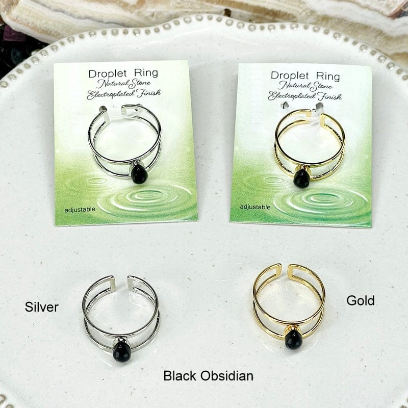 droplet rings available in silver or gold with a droplet black obsidian gemstone