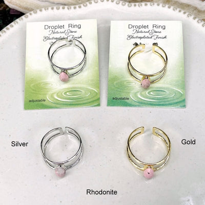 droplet rings available in silver or gold with a droplet rhodonite gemstone