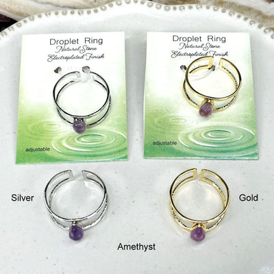 droplet rings available in silver or gold with a droplet amethyst gemstone