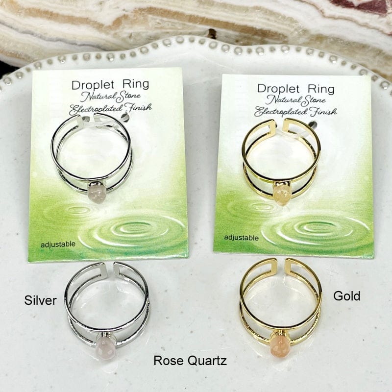 droplet rings available in silver or gold with a droplet rose quartz gemstone