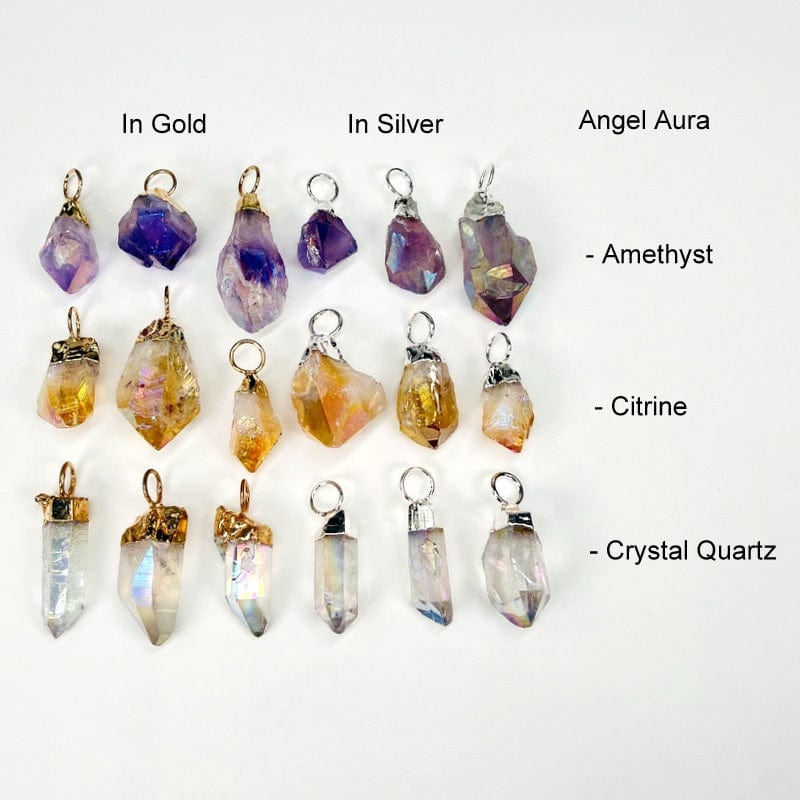 crystal pendants next to their stone name. available in angel aura coated amethyst, citrine and crystal quartz 