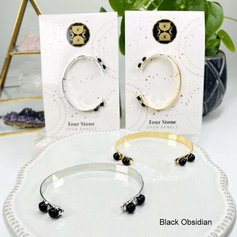 close up of the black obsidian bracelets available in silver or gold