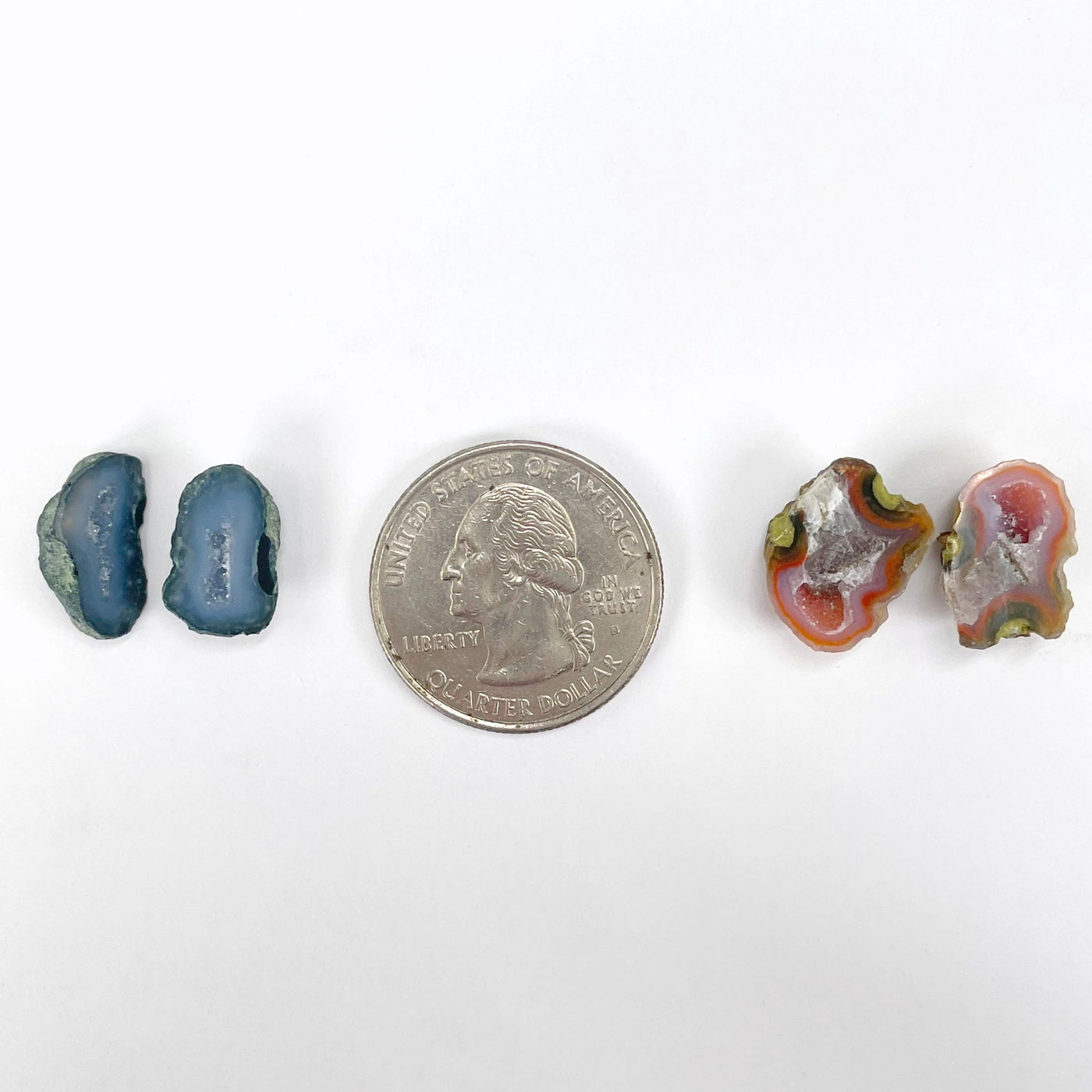 approximate smallest high grade mini geode pairs with quarter for size reference