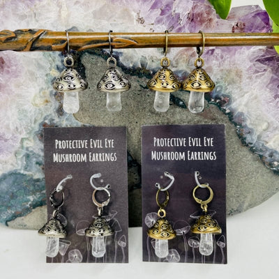 crystal quartz mushroom earrings available in antique gold or silver 