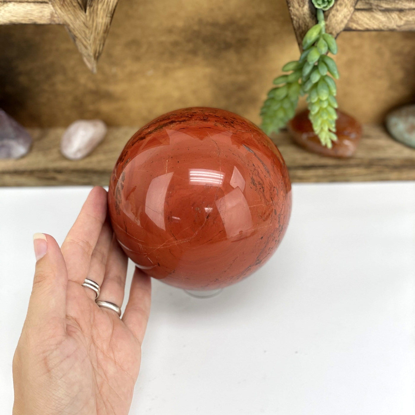 Hand next to Red Jasper Polished Sphere in front of wooden display
