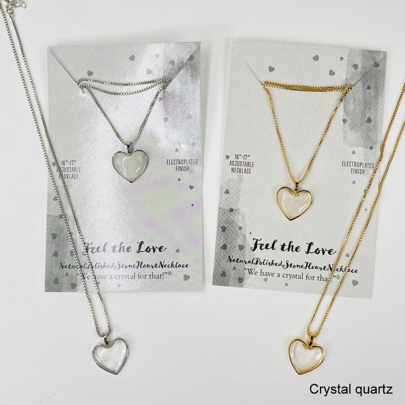 crystal quartz heart shaped gemstone necklace electroplated in gold and silver