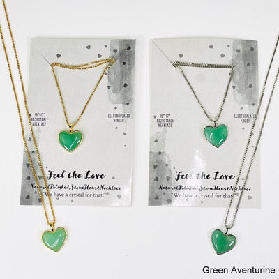 green aventurine heart shaped gemstone necklace electroplated in gold and silver