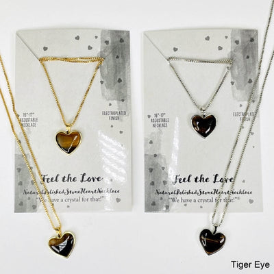 tiger eye heart shaped gemstone necklace electroplated in gold and silver