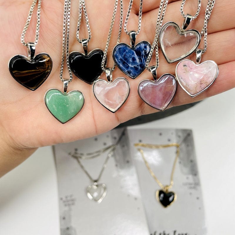 close up of the gemstone hearts in silver 