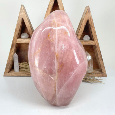 back view of rose quartz polished cut base