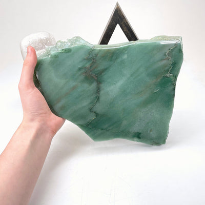 green quartz platter in hand for size reference