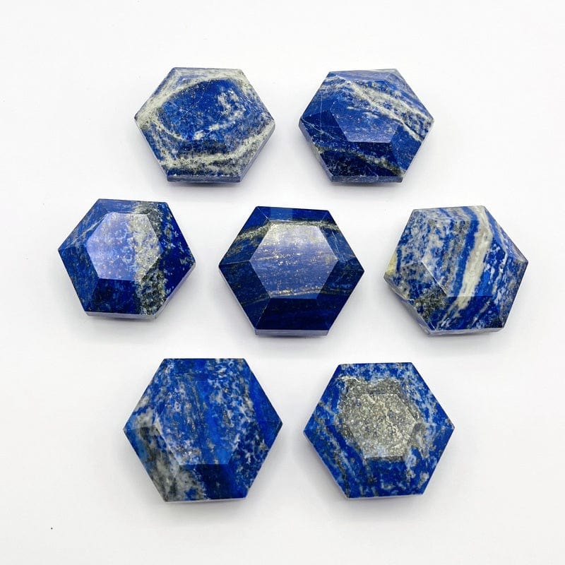 multiple lapis lazuli hexagons displayed to show the differences within the stone