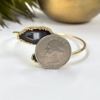 geode pair bracelet with electroplated gold edge with quarter for size reference