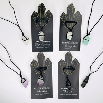 crystal necklaces on cord available in crystal quartz, amazonite, amethyst and tourmaline 