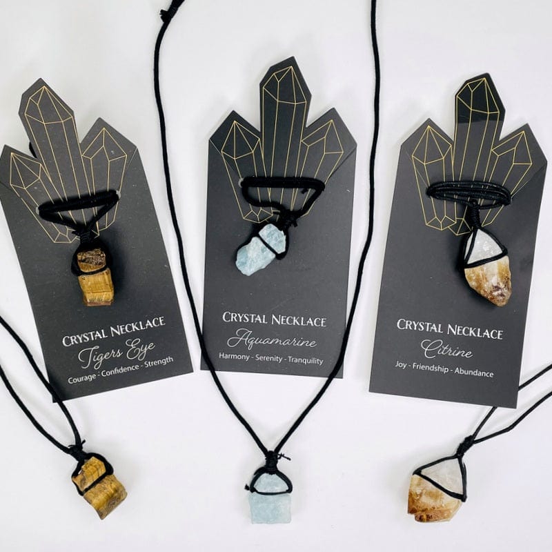 crystal necklaces on cord available in tigers eye, aquamarine and citrine (golden amethyst)