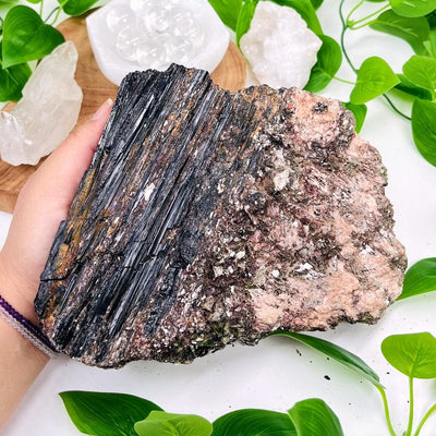 hand holding up Black Tourmaline on Matrix with Mica with decorations in the background