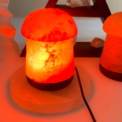 himalayan salt orange mushroom lamp turned on in the dark in front of backdrop